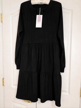 IWD Women’s Black V-Neck Long Sleeve Sweater Dress With Pockets NWT